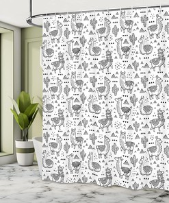 Llama Cartoon Shower Curtain, Doodle Style Alpacas Monochrome Cartoon Pattern Cloth Fabric Bathroom Decor, Home Decor White/Grey