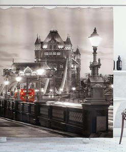 London Bridge Shower Curtain, Famous City Urban Life Scenery Print Bathroom Decor, Taupe Grey Red