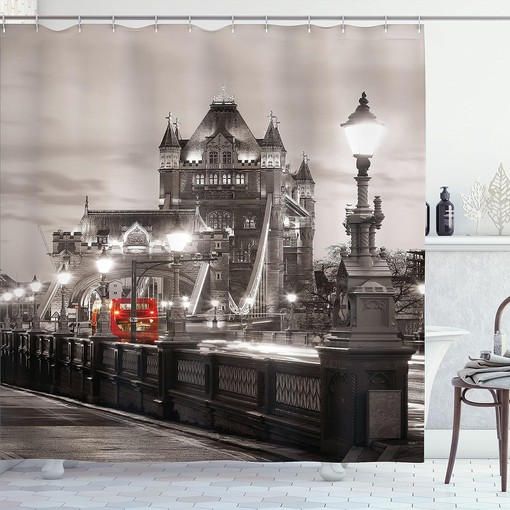 London Bridge Shower Curtain, Famous City Urban Life Scenery Print Bathroom Decor, Taupe Grey Red