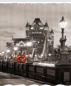London Bridge Shower Curtain, Famous City Urban Life Scenery Print Bathroom Decor, Taupe Grey Red