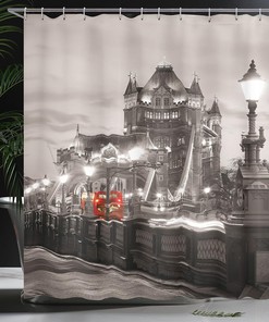 London Bridge Shower Curtain, Famous City Urban Life Scenery Print Bathroom Decor, Taupe Grey Red
