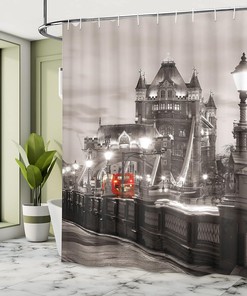 London Bridge Shower Curtain, Famous City Urban Life Scenery Print Bathroom Decor, Taupe Grey Red