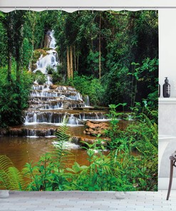 Long Way Waterfall Rainforest - Brown & Green Shower Curtain, Tropic Bathroom Decor