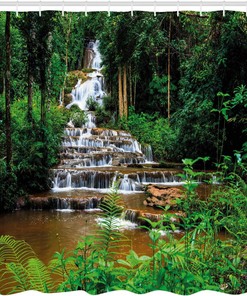 Long Way Waterfall Rainforest - Brown & Green Shower Curtain, Tropic Bathroom Decor