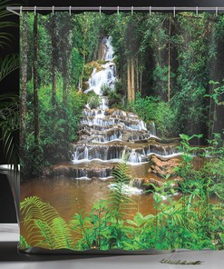Long Way Waterfall Rainforest - Brown & Green Shower Curtain, Tropic Bathroom Decor