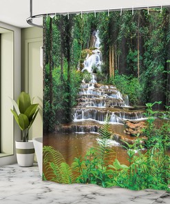 Long Way Waterfall Rainforest - Brown & Green Shower Curtain, Tropic Bathroom Decor
