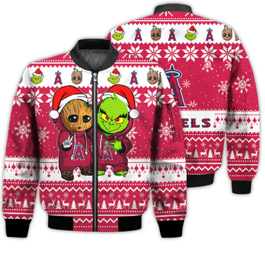 Los Angeles Angels Baby Groot And Grinch Best Friends Football American Ugly Christmas Sweater Gifts Unisex 3D Bomber Jacket