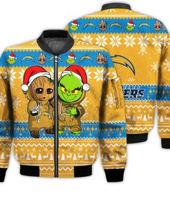 Los Angeles Chargers Baby Groot And Grinch Best Friends Football American Ugly Christmas Sweater Gifts Unisex 3D Bomber Jacket