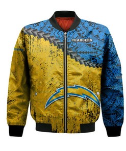 Los Angeles Chargers Bomber Jacket Grunge Polynesian Tattoo - NFL