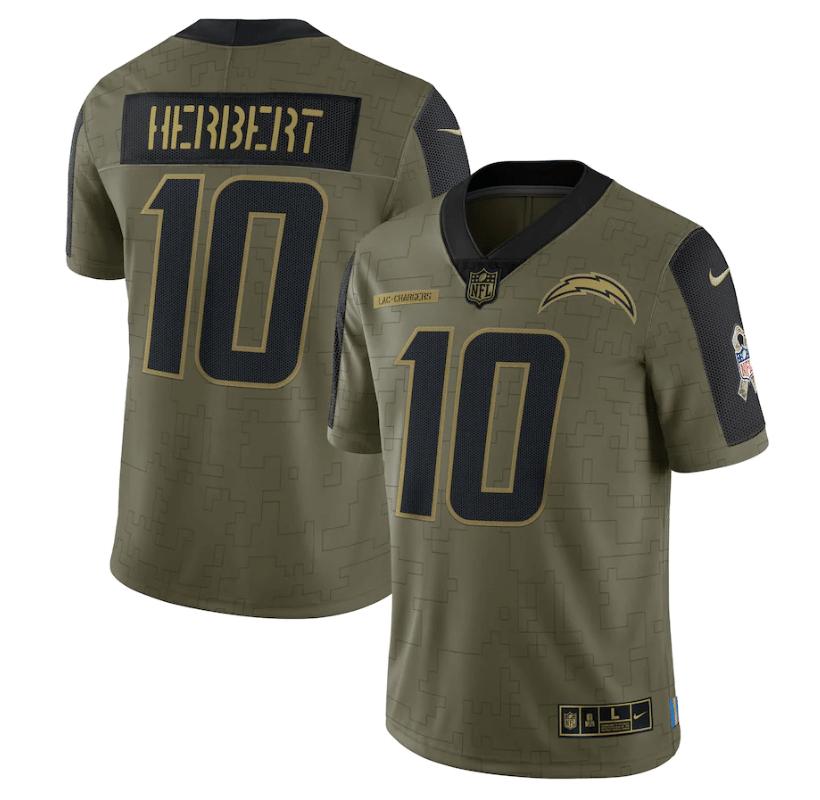 Los Angeles Chargers Justin Herbert 10 Nfl Olive 2021 Salute To Service Player Men Jersey For Chargers Fans