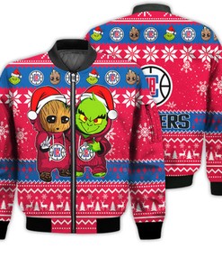 Los Angeles Clippers Baby Groot And Grinch Best Friends Football American Ugly Christmas Sweater Gifts Unisex 3D Bomber Jacket