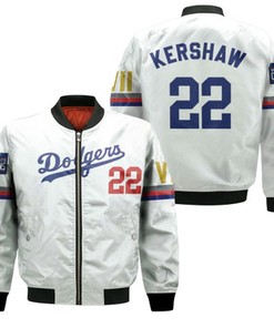 Los Angeles Dodgers Kershaw 22 2020 Championship Golden Edition White Jersey Inspired Style Bomber Jacket