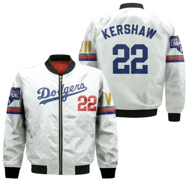 Los Angeles Dodgers Kershaw 22 2020 Championship Golden Edition White Jersey Inspired Style Bomber Jacket