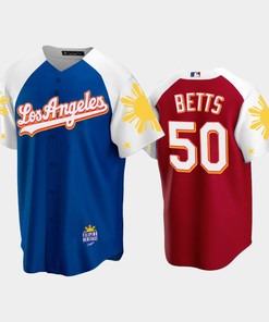 Los Angeles Dodgers Mookie Betts 50 2022-23 Royal Red Filipino Heritage Night Jersey
