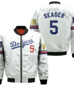 Los Angeles Dodgers Seager 5 2020 Championship Golden Edition White Jersey Inspired Style Bomber Jacket