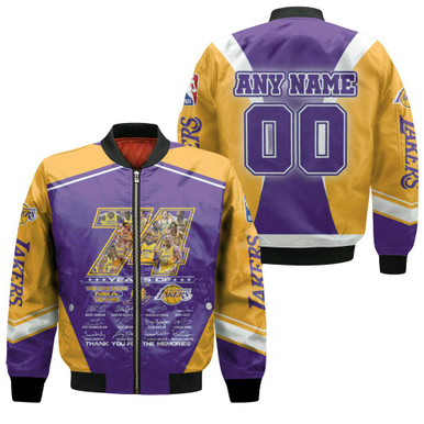 Los Angeles Lakers 74 Years Of Lakers The Greatest Teams Signatures NBA Gift With Custom Name Number For Lakers Fans Bomber Jacket