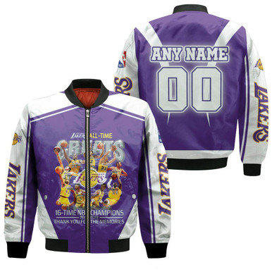 Los Angeles Lakers All-Time 16-Time Champions Thank You For The Memories NBA Gift With Custom Name Number For Lakers Fans Bomber Jacket