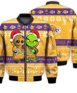Los Angeles Lakers Baby Groot And Grinch Best Friends Football American Ugly Christmas Sweater Gifts Unisex 3D Bomber Jacket