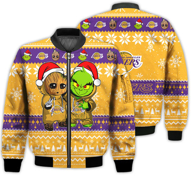 Los Angeles Lakers Baby Groot And Grinch Best Friends Football American Ugly Christmas Sweater Gifts Unisex 3D Bomber Jacket