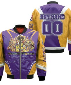 Los Angeles Lakers Champions Legend Team Signatures NBA Gift With Custom Name Number For Lakers Fans Bomber Jacket
