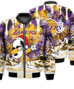 Los Angeles Lakers Snoopy Dabbing The Peanuts Sports Football American Christmas Dripping Matching Gifts Unisex 3D Bomber Jacket