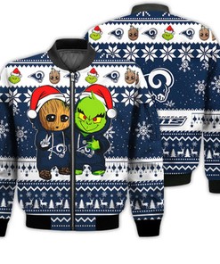 Los Angeles Rams Baby Groot And Grinch Best Friends Football American Ugly Christmas Sweater Gifts Unisex 3D Bomber Jacket