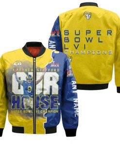 Los Angeles Rams Matthew Stafford 9 Underdog Super Bowl LVI Champions Gold 3D Allover Gift For Rams Fans Bomber Jacket