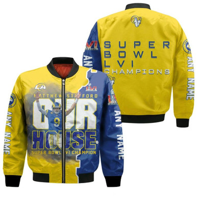 Los Angeles Rams Matthew Stafford 9 Underdog Super Bowl LVI Champions Gold 3D Allover Gift For Rams Fans Bomber Jacket