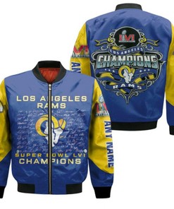 Los Angeles Rams Super Bowl LVI Champions Logo Team Signatures Blue Royal Gift For Rams Fans Bomber Jacket