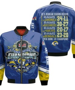 Los Angeles Rams Super Bowl LVI Champions Season Record Scores Match Blue Gift For Rams Fans Bomber Jacket