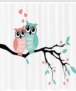 Love Birds Teal Shower Curtain, Owl Couple Sitting on Tree Branch, Bathroom Decor