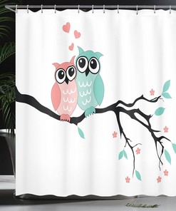 Love Birds Teal Shower Curtain, Owl Couple Sitting on Tree Branch, Bathroom Decor