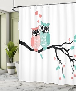 Love Birds Teal Shower Curtain, Owl Couple Sitting on Tree Branch, Bathroom Decor