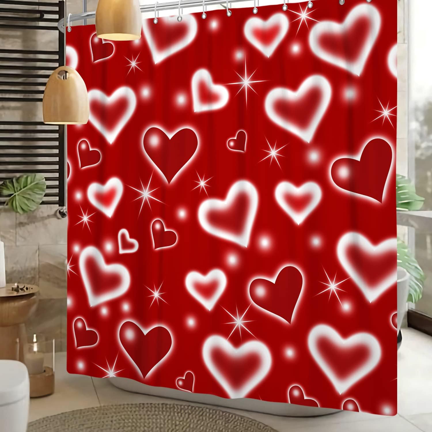 Love Heart Valentine Shower Curtain - Romantic Pink Red Bathroom Decor for Couples with Quotes