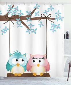 Love Owls Shower Curtain, Blossoming Tree Branch Spring Romance Print in Pale Pink Pale Blue Bathroom Decor