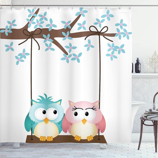Love Owls Shower Curtain, Blossoming Tree Branch Spring Romance Print in Pale Pink Pale Blue Bathroom Decor