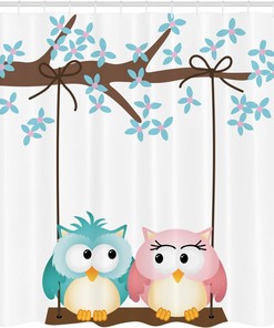 Love Owls Shower Curtain, Blossoming Tree Branch Spring Romance Print in Pale Pink Pale Blue Bathroom Decor