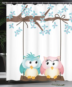Love Owls Shower Curtain, Blossoming Tree Branch Spring Romance Print in Pale Pink Pale Blue Bathroom Decor