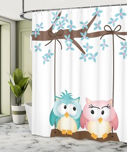 Love Owls Shower Curtain, Blossoming Tree Branch Spring Romance Print in Pale Pink Pale Blue Bathroom Decor