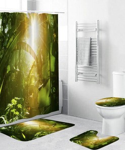 Lush Greenery - 3D Palm Leaves Grass Plants Shower Curtain for Bathroom Decor