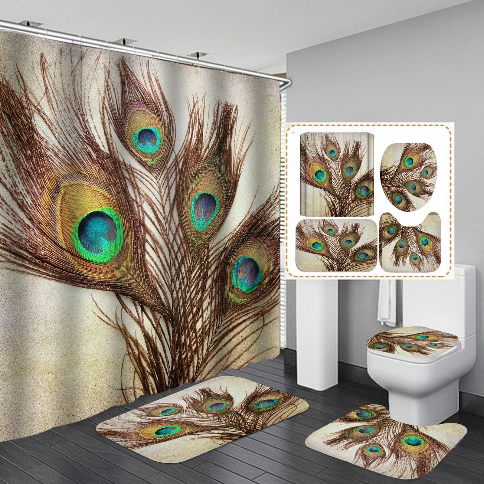 Luxury 3D Golden Peacock Feather Print Shower Curtain for Bathroom Decor