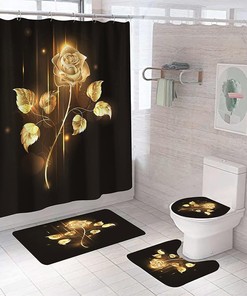 Luxury Golden Floral Black Shower Curtain with Non-Slip Bathtub Mats and Hooks for Elegant Bathroom Decor