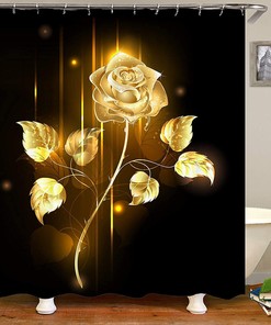 Luxury Golden Floral Black Shower Curtain with Non-Slip Bathtub Mats and Hooks for Elegant Bathroom Decor