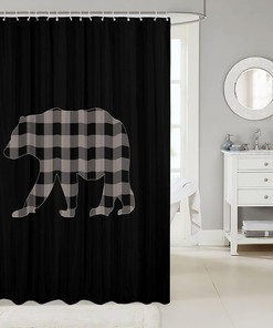 Luxury Heavy Fabric Shower Curtain with Square Lattice Hotel Home Dorm Bathtubs Decor and Bear Pattern