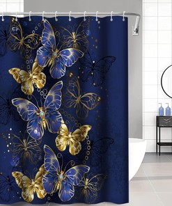 Luxury Navy Blue Butterfly Shower Curtain, Shining Diamond Gold Moth Design, Bathroom Decor