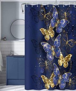 Luxury Navy Blue Butterfly Shower Curtain, Shining Diamond Gold Moth Design, Bathroom Decor