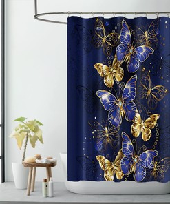 Luxury Navy Blue Butterfly Shower Curtain, Shining Diamond Gold Moth Design, Bathroom Decor