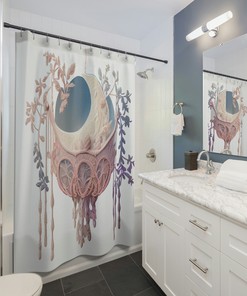 Macrame Dream Shower Curtain, Celestial Moon Phases for Boho Home Decor 