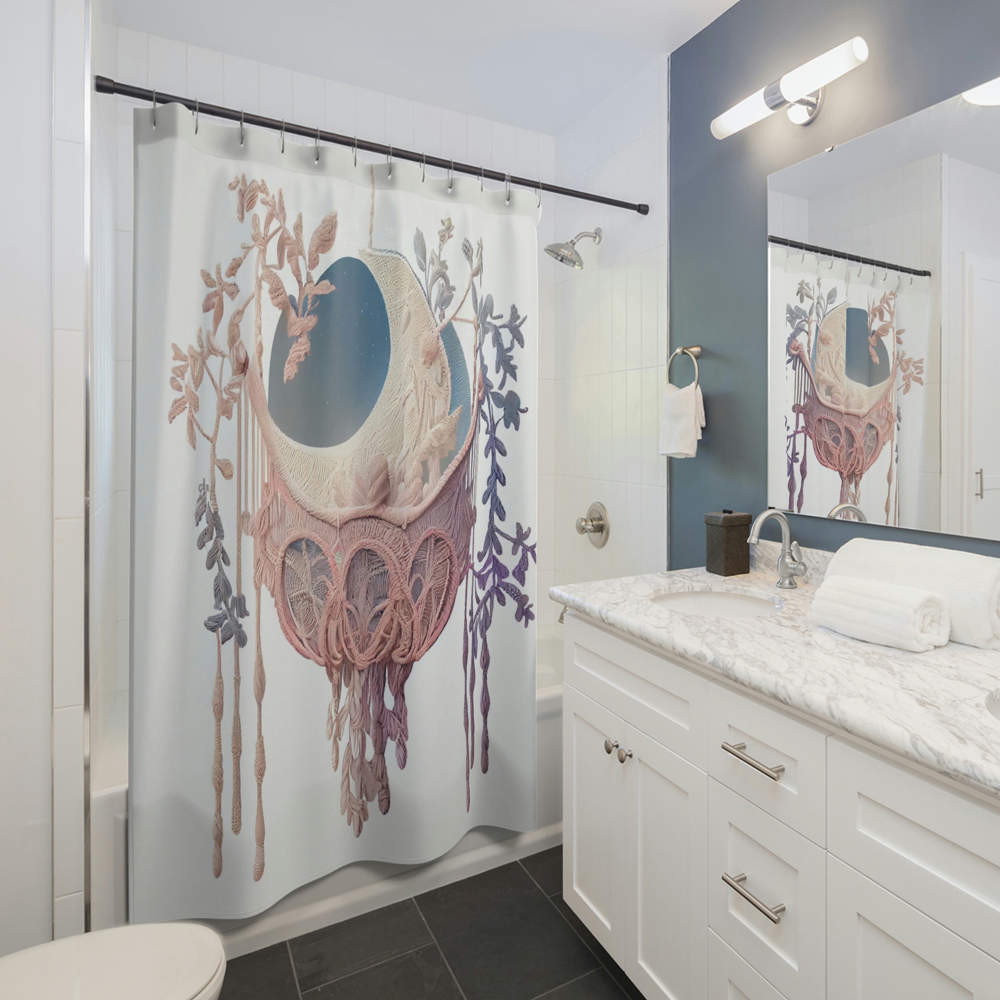 Macrame Dream Shower Curtain, Celestial Moon Phases for Boho Home Decor