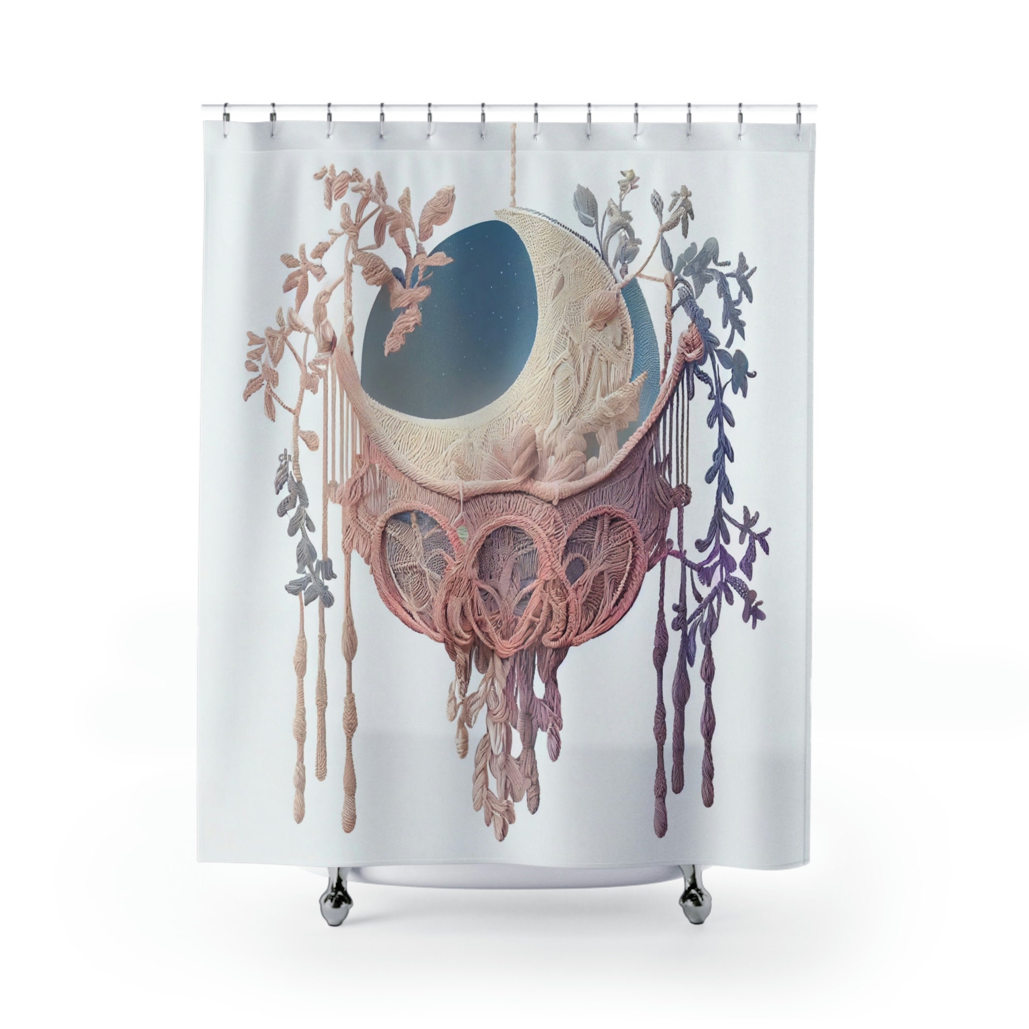 Macrame Dream Shower Curtain, Celestial Moon Phases for Boho Home Decor
